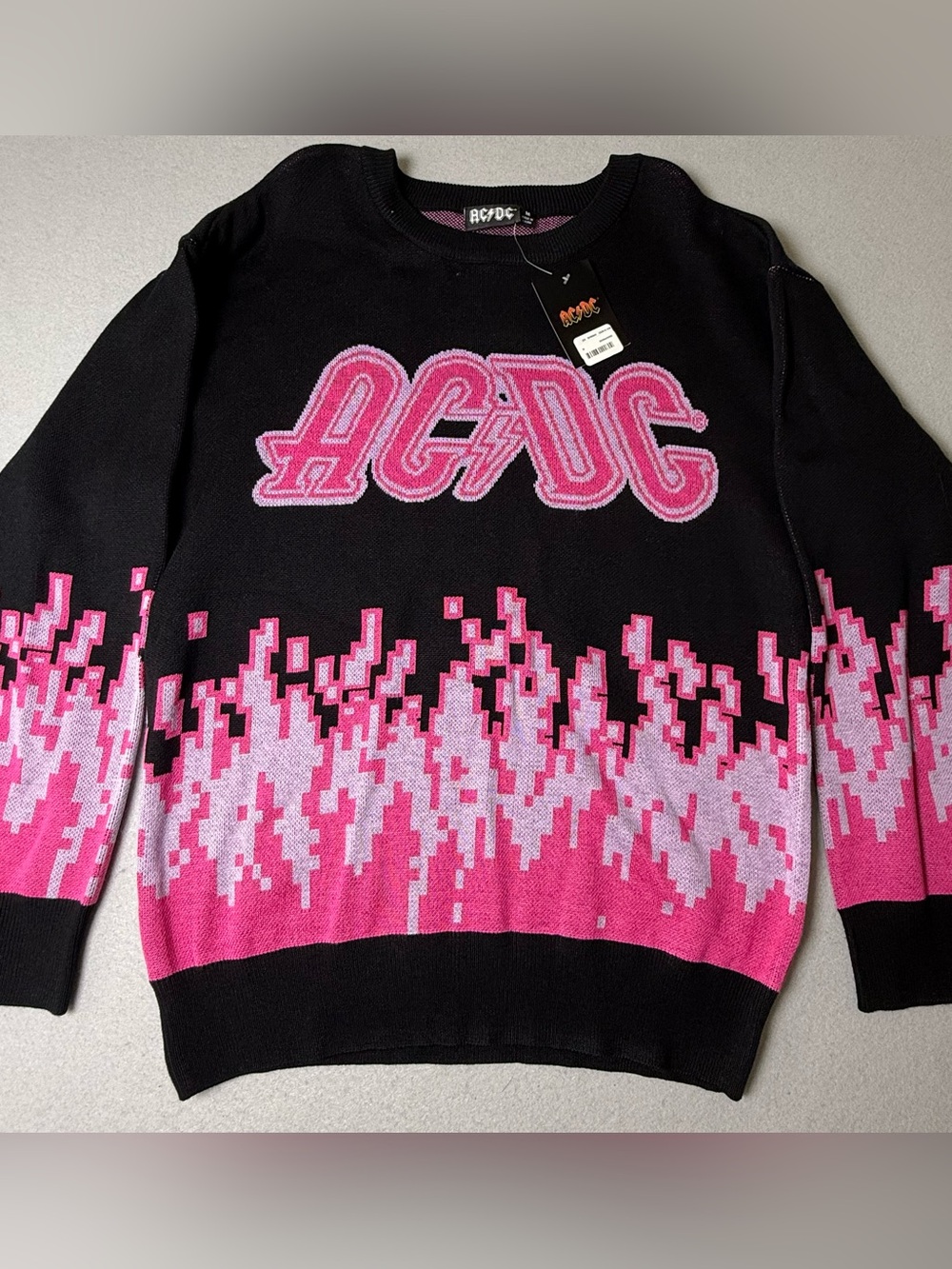 ACDC Women Sweater Medium Digital Pink Flames Novelty Pullover Long Sleeves New